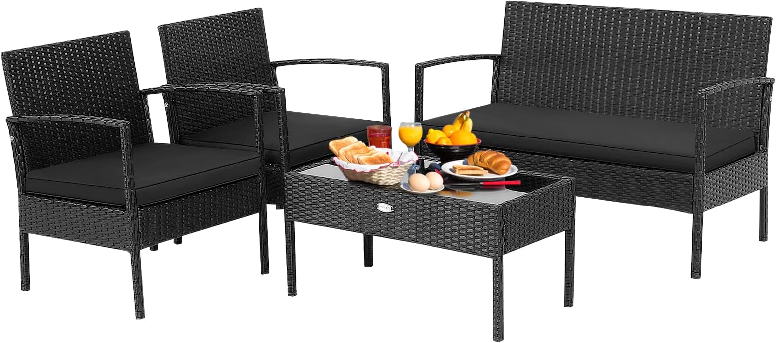 4 Piece Patio Rattan Conversation Set, Outdoor Wicker Furniture Set W/Glass Coffee Table, Solid Steel Structure, Ergonomic Seat, Suitable for Garden, Courtyard, Balcony, Poolside