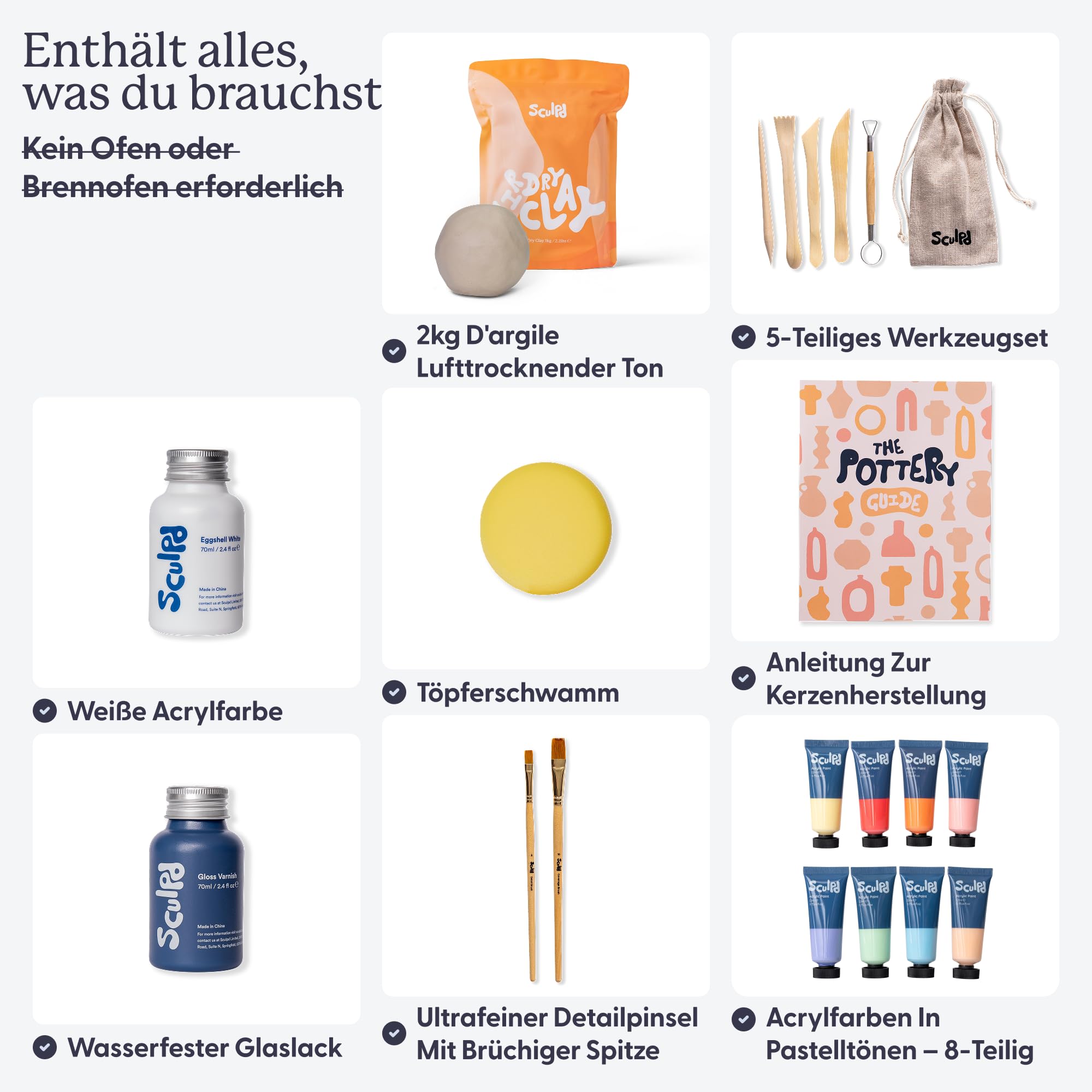 Sculpd – Das originale Töpfer-Set, Komplettes lufttrocknendes Ton-Set für Erwachsene, inklusive Modellierwerkzeugen, Lack, Pinseln, Anleitungen sowie Kunst & Bastelset, Glanzlack mit Pastelltönen