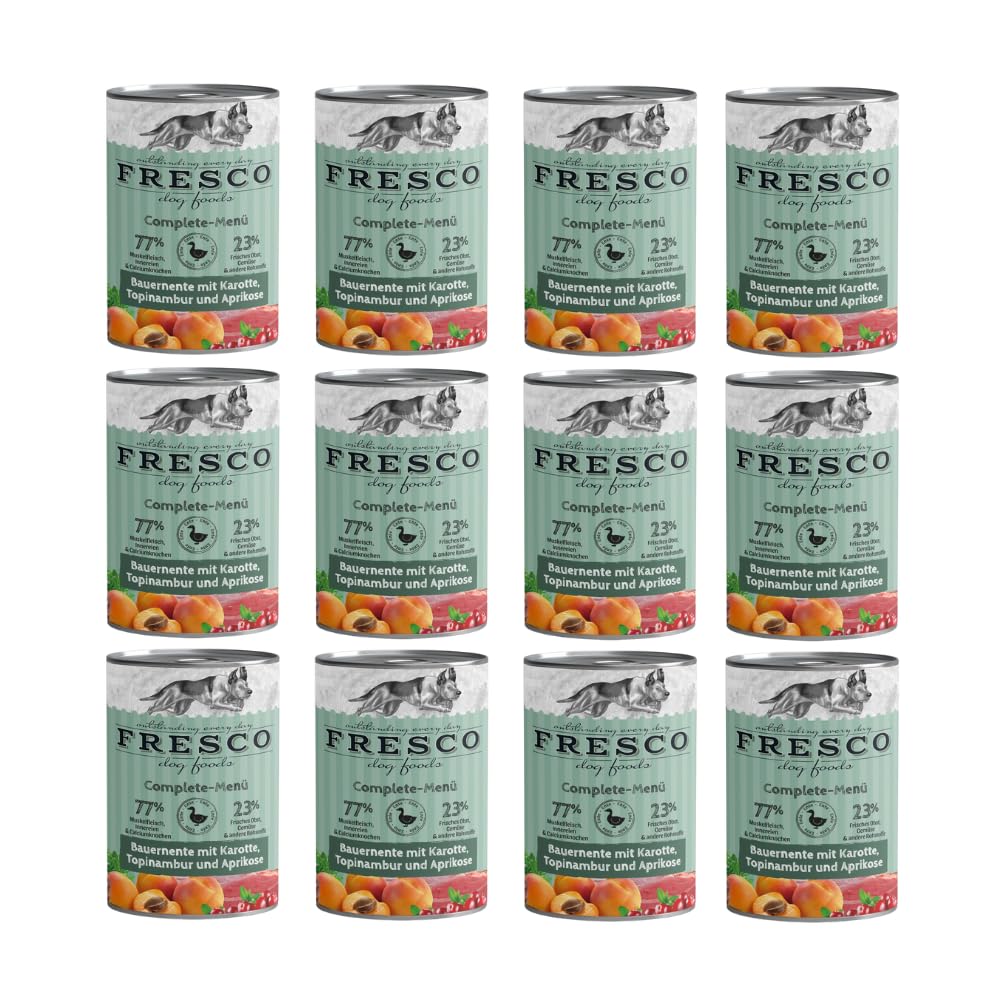 Fresco Complete-Menü Bauernente mit Kartoffeln, Tobinambur und Aprikose | 12er Pack | 12 x 400 g | Nassbarf für Hunde | Wichtige Proteine & Eiweiß | Aus reinem Muskelfleisch
