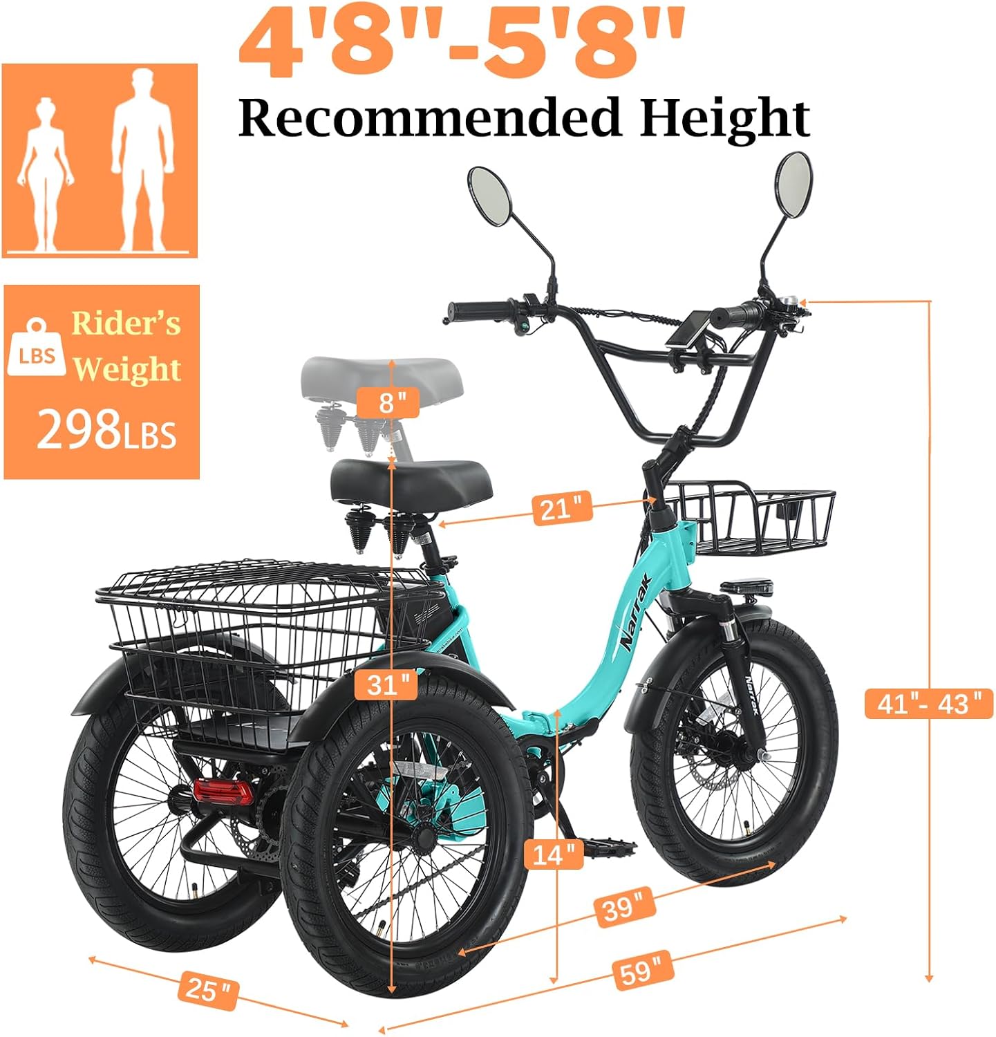 Electric Tricycle for Adults,Fat Tire Folding Electric Trike,3 Wheels Electric Bicycle Bikes, Peak 700W/1100W Step-Thru Etrike with Removable Battery and Large Basket