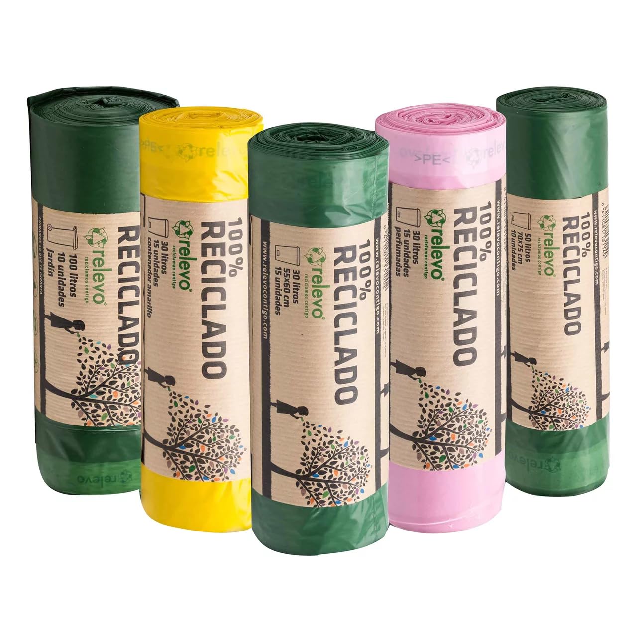 RELEVO - Bolsas de basura 100% recicladas, 30 L, 15 unidades, 6 unidades