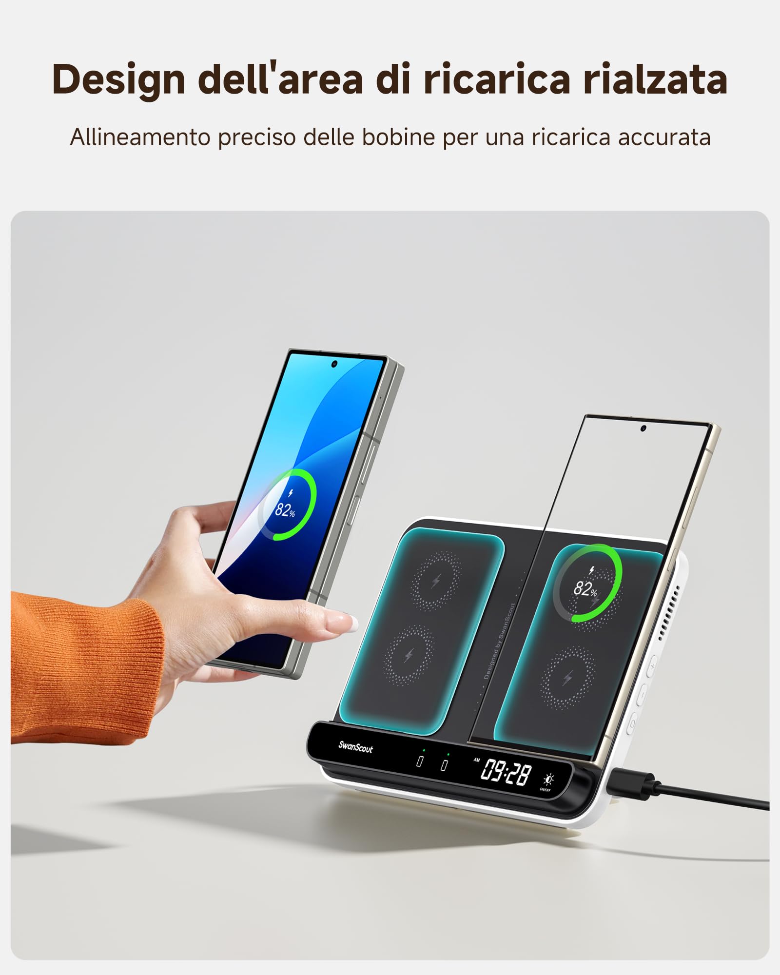 SwanScout Caricatore Wireless per Samsung Z Fold 7/S25 Ultra/S25/iphone Air/17, Stazione di Ricarica 30W Veloce per Z Fold 6/5/4, Caricatore per Galaxy Watch 8/8 Classic/7/Ultra/6/5, SwanScout 710FS