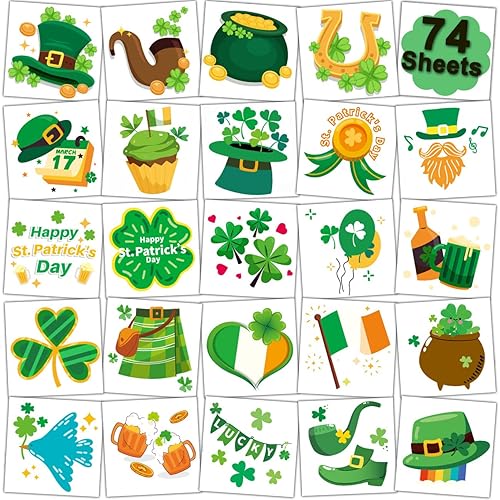 CHARLENT Tatuajes temporales del día de San Patricio para suministros de fiesta de niños, 74 hojas individuales, tatuajes del día de San Patricio