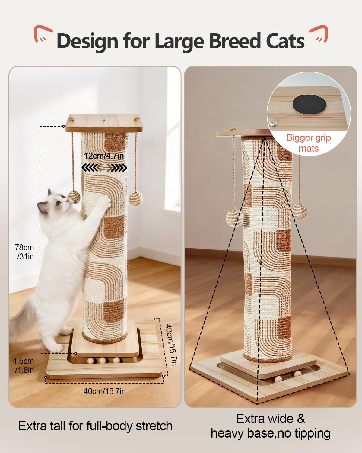 Odoland Kratzbaum 78cm hoch Kratzsäule für Katzen mit Plattformen Katzenspielzeug, Stabil Sisal Kratzstamm für große Katzen Wohnungskatzen, Braun