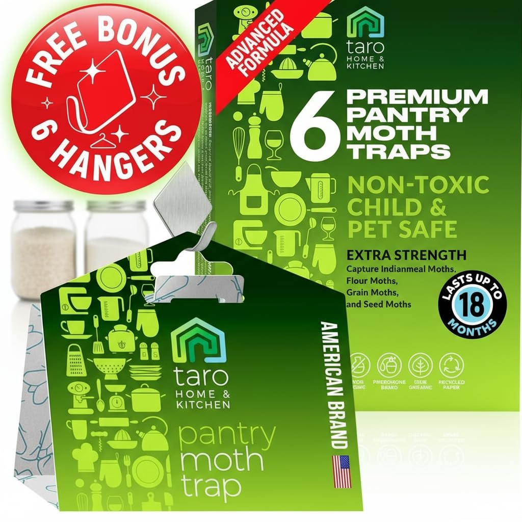 Taro Pantry Moth Traps with Pheromones - 6-Pack with Bonus Hangers - Moth Killer for Kitchen, Pantry, Closet - Sticky Moth Traps for House Indoor - Get Rid of Moths