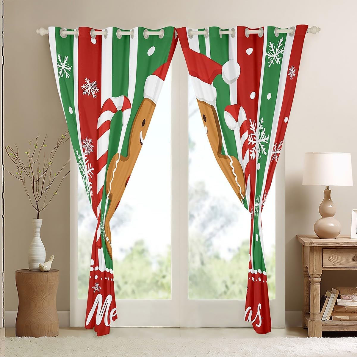 Feelyou Kids Merry Christmas Curtains for Bedroom (2 Panels, 52 x 96 Inch) Gingerbread Man Candy Cane Blackout Curtains Boys Girls Xmas Snowflake Winter Theme Happy New Year Window Treatments