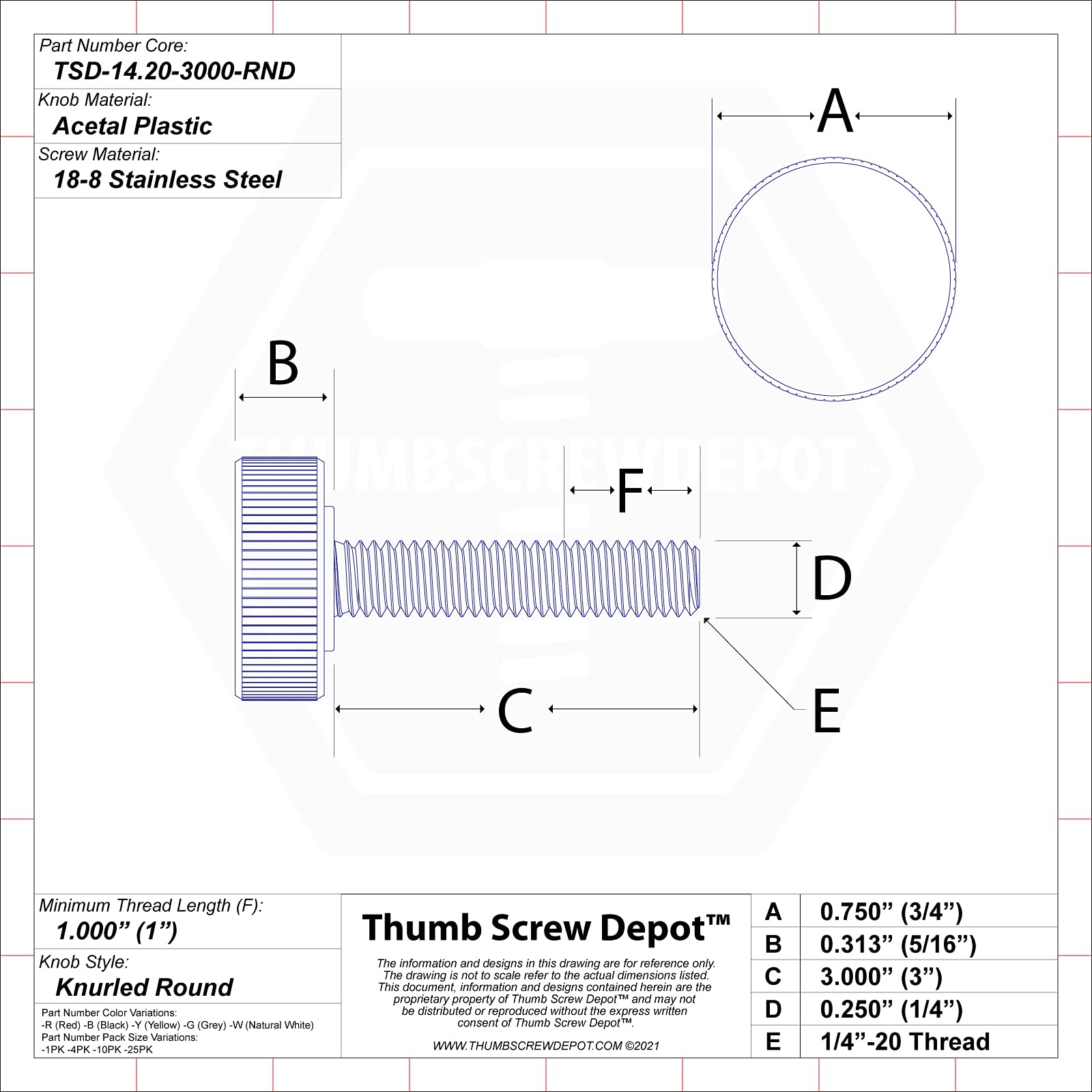 1/4"-20 x 3" Thumb Screw Stainless Steel - Black Knurled Round Plastic Knob - Standard/Coarse Thread Thumbscrew - Length: 3.000" - Proudly Built in USA - Package of (4) 1