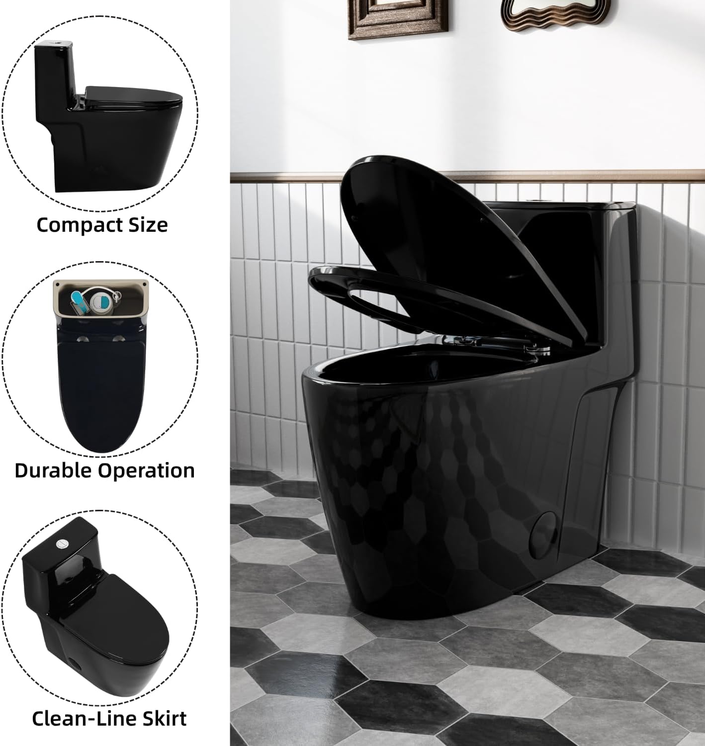 Black Toilet with Rimless Swirl Flush, Los Flexi 17.3" ADA Modern Elongated One Piece Toilets For Bathrooms, Dual Flush 1.0/1.28 GPF, Comfort Chair Height, Soft-Close Black Toilet Seat & 12" Rough-In
