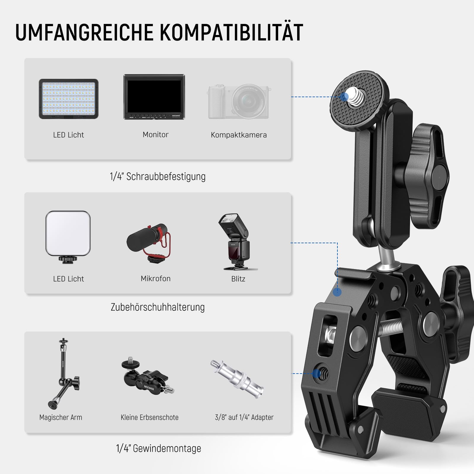 NEEWER Super Clamp Klemme mit 3" Dual Kugelkopf Magic Arm, Cold Shoe, 1/4" Gewinde, Handy/Action Cam Halterung Adapter für Tischstativ Rohr Traverse Gimbal Rods kompatibel mit SmallRig GoPro DJI, ST83