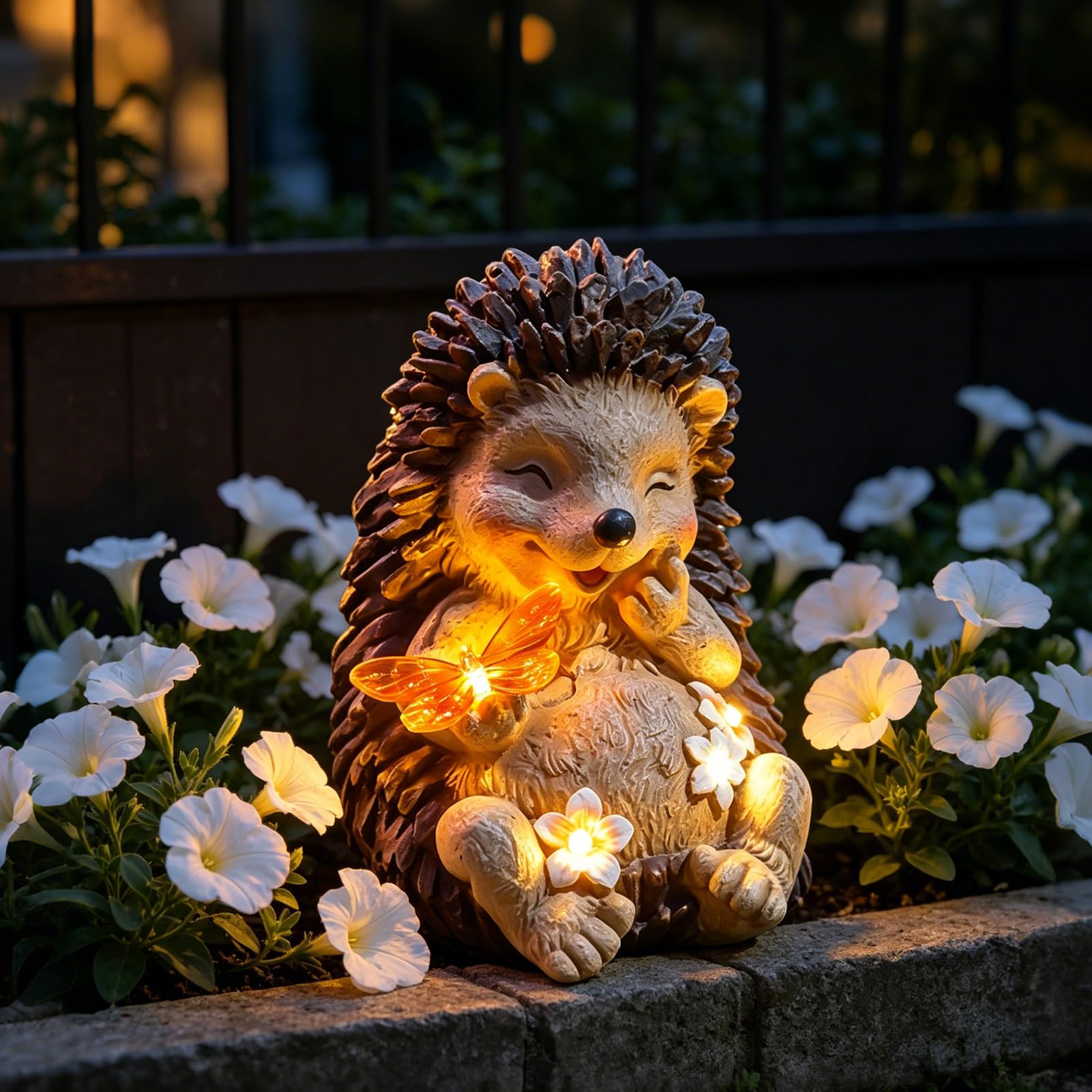 Nexoria Solar Igel Gartenfiguren mit Blumen Gartendeko für Draußen Wetterfest Igel Deko mit Led Lichter Solar Igelfigur mit Schmetterling Gartenleuchte Solarlampe für Garten Balkon (A)