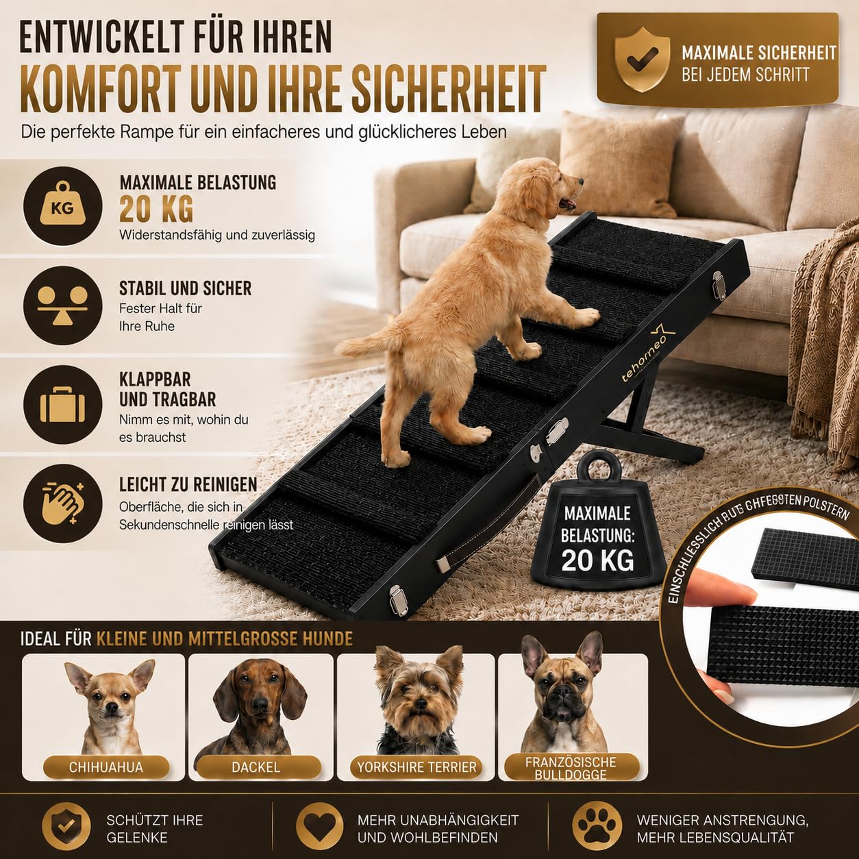 TEHORNEO Hundetreppe für Kleine Hunde, Hunderampe 4 Höhen 25-41 cm, Hunderampe Sofa, Hunde Rampe Bis 20 kg, Hundetreppe, Katzentreppe für Alte Katzen, Katzentreppe, Hunderampe Bett, Dog Ramp