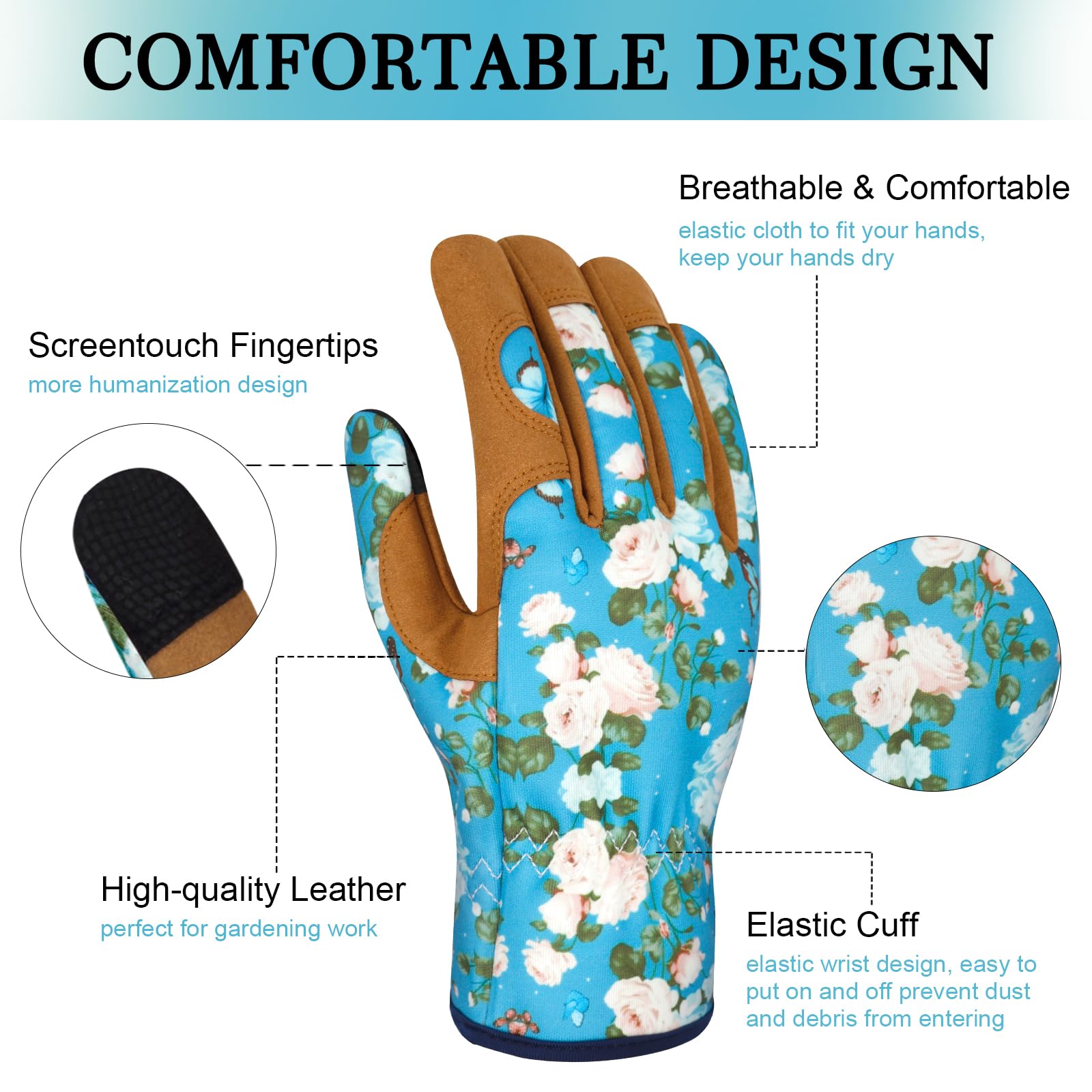 Gants de jardinage en cuir pour femme - Anti-épines - Pour écran tactile - Cadeau - Fleurs - Taille M