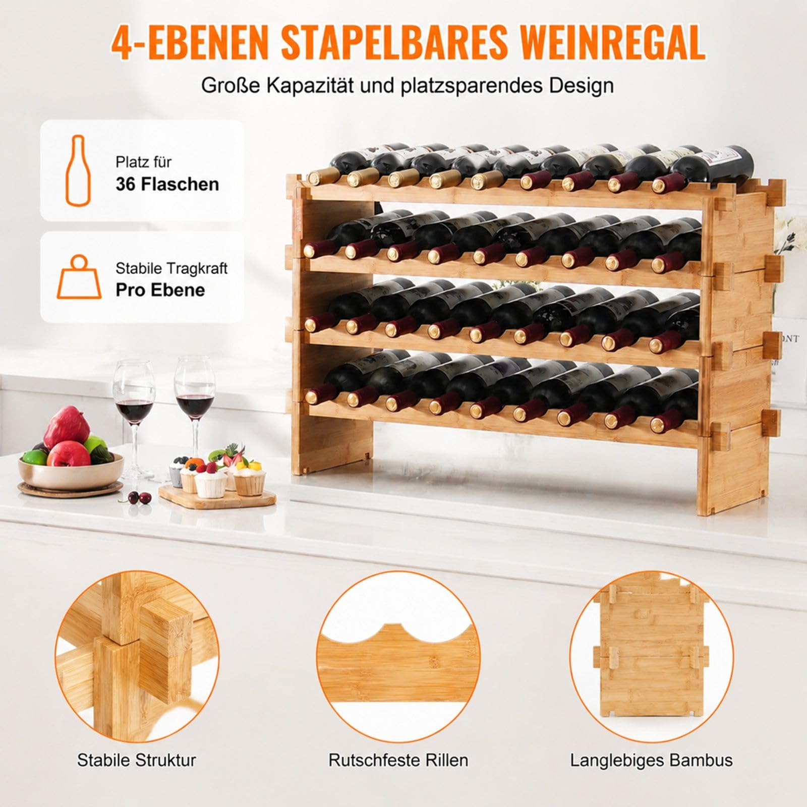 Weinregal aus Bambus für 36 Flaschen, stapelbares Flaschenregal mit 4 Ebenen für Küche, Keller oder Esszimmer