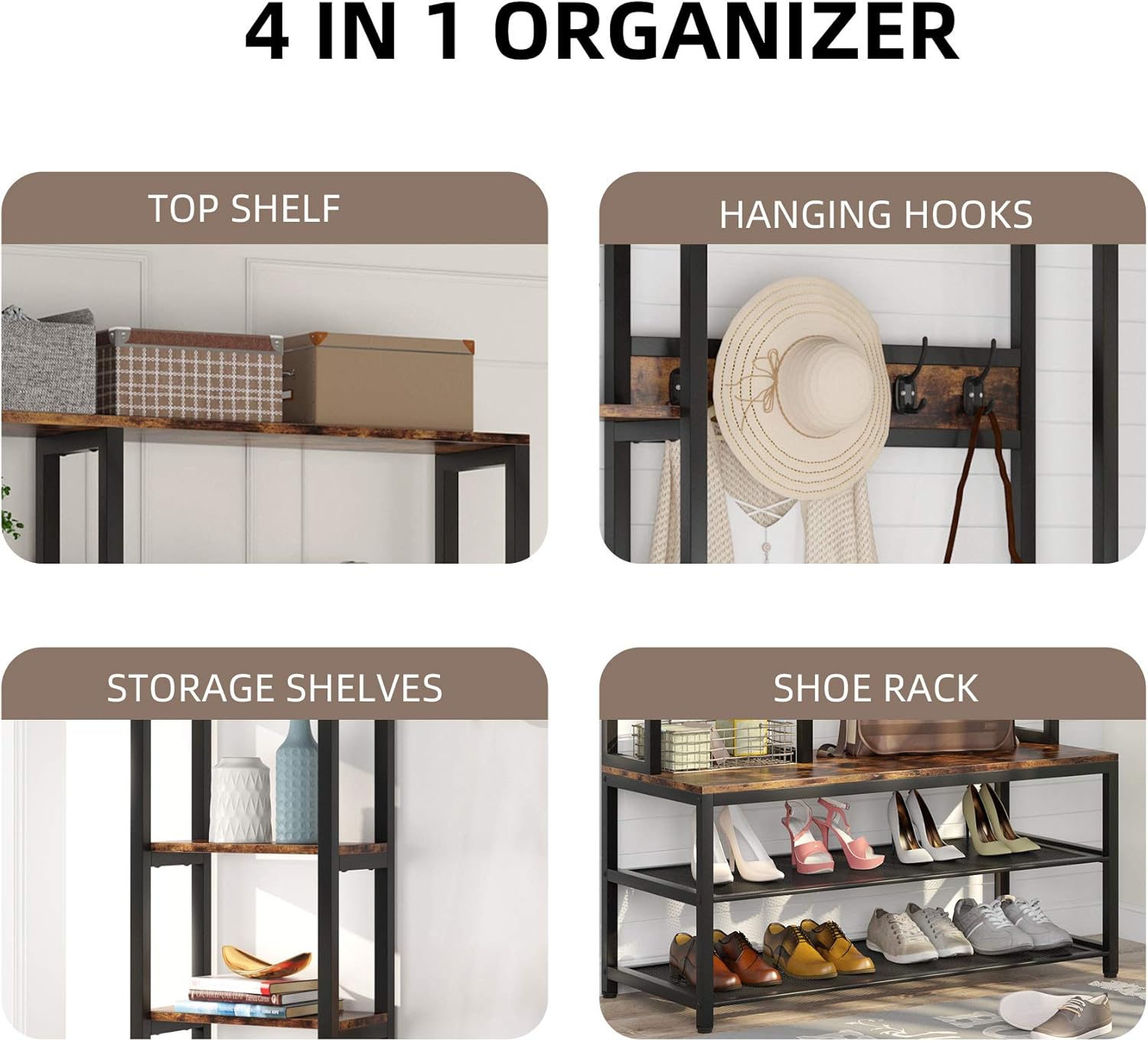 Buy TIYASE Coat Rack Shoe Bench, 4IN1 Hall Tree with Side Storage