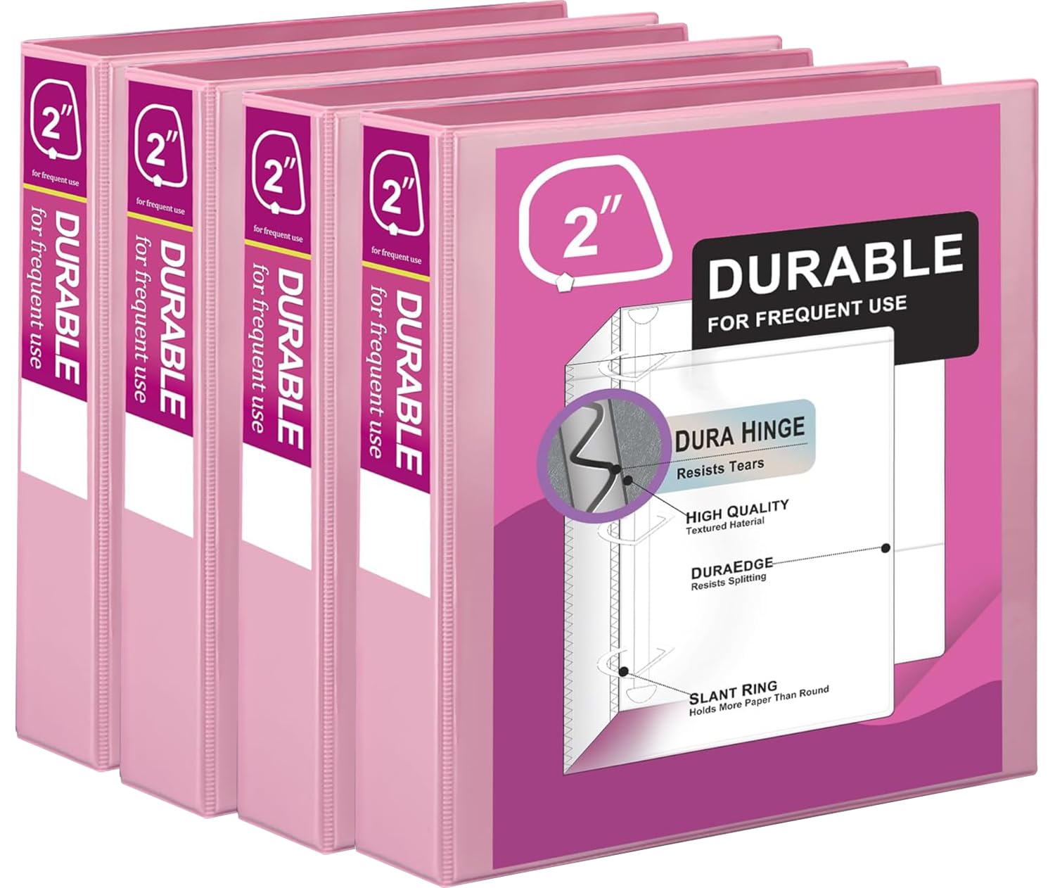 Zzrywuty Classeur durable à 3 anneaux, 5,1 cm, lot de 4 classeurs économiques, chacun peut contenir 400 pages, anneaux en D pour bureau, école, maison (rose)