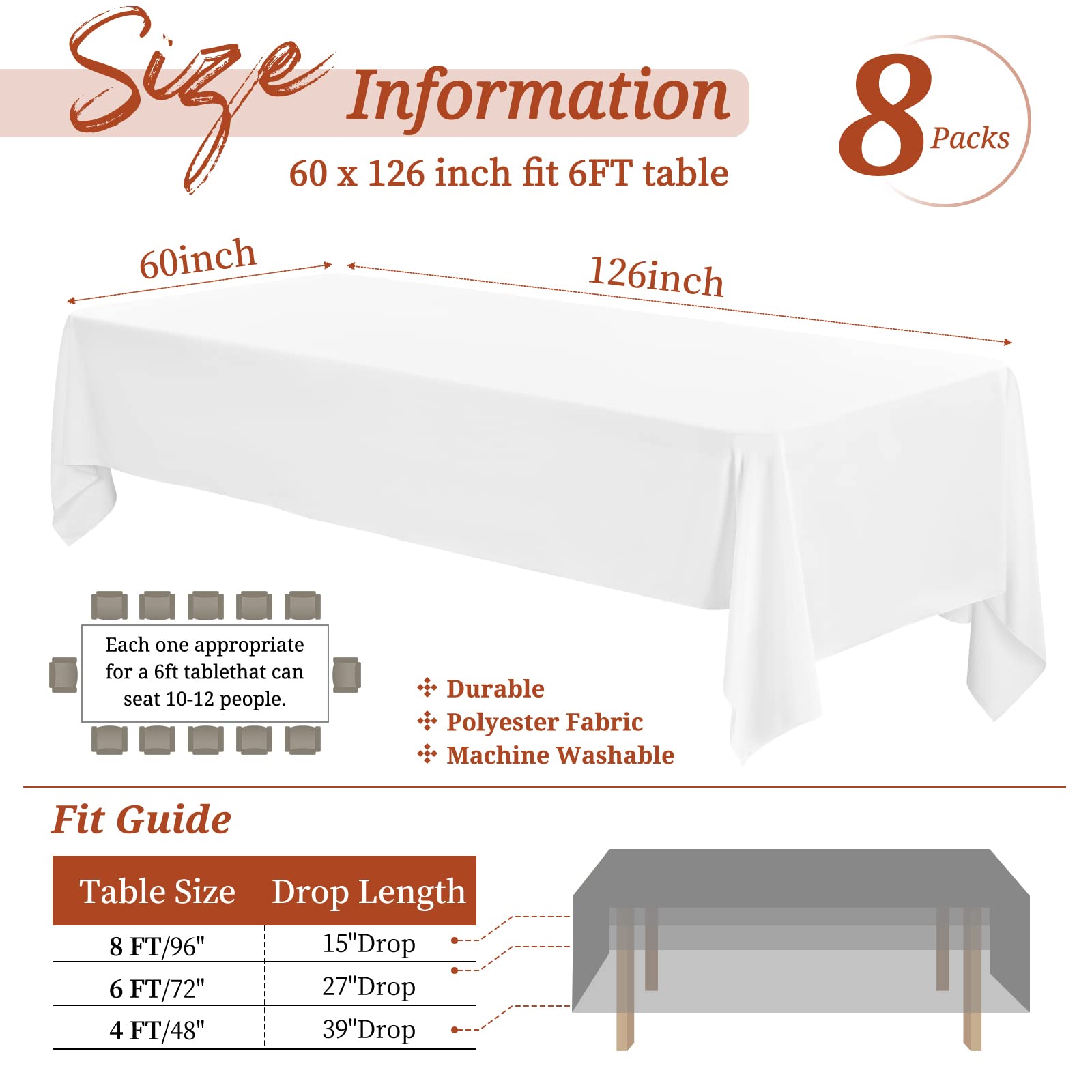 Showgeous Confezione da 8 tovaglie rettangolari in poliestere bianco per tavoli rettangolari da 2,4 m, 152 x 300 cm, lavabili in tessuto, per matrimoni, banchetti, ristoranti, buffet, feste in