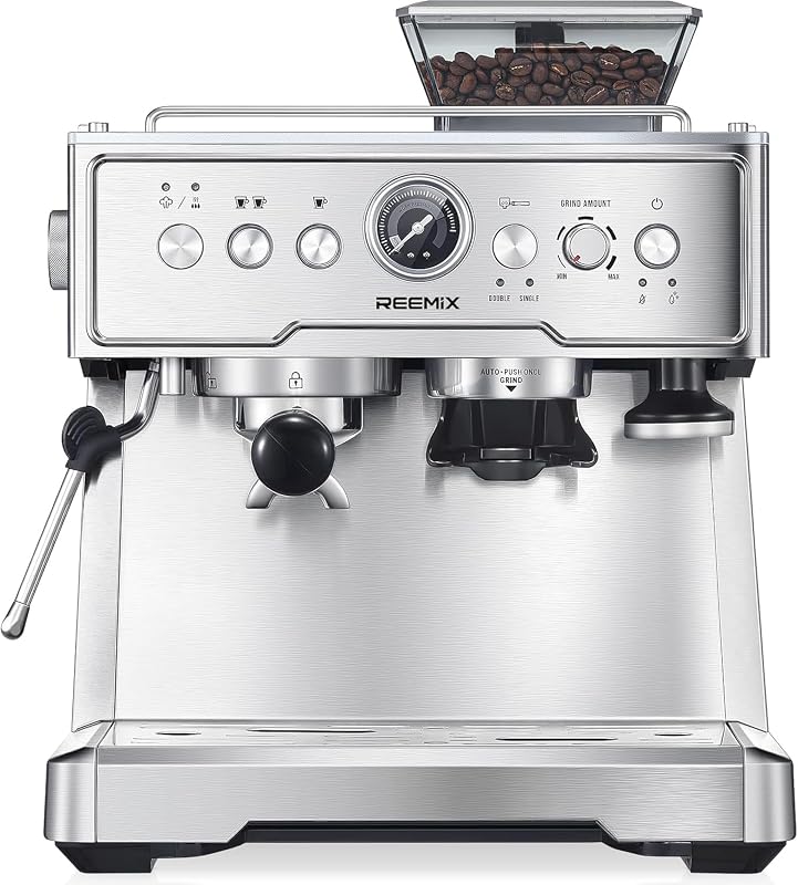 Reemix 20 Bar Espresso Kávéfőző Beépített Kávédarálóval és Tejhabosítóval Rozsdamentes