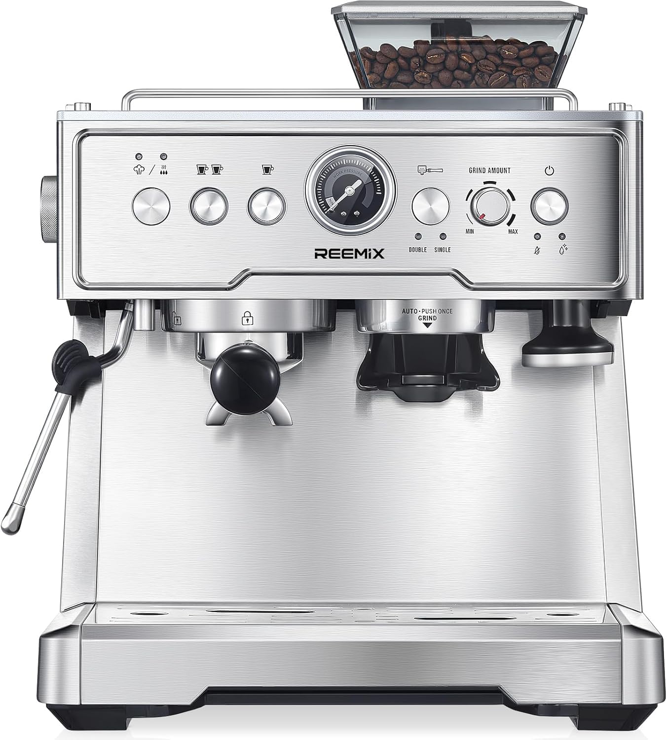 Reemix Siebträgermaschine, 20 Bar Espressomaschine/Kaffeemaschine mit integriertem Mahlwerk und Milchaufschäumer, 1350 W, 2,8 l Tank, Edelstahl/silber. Barista-Kit