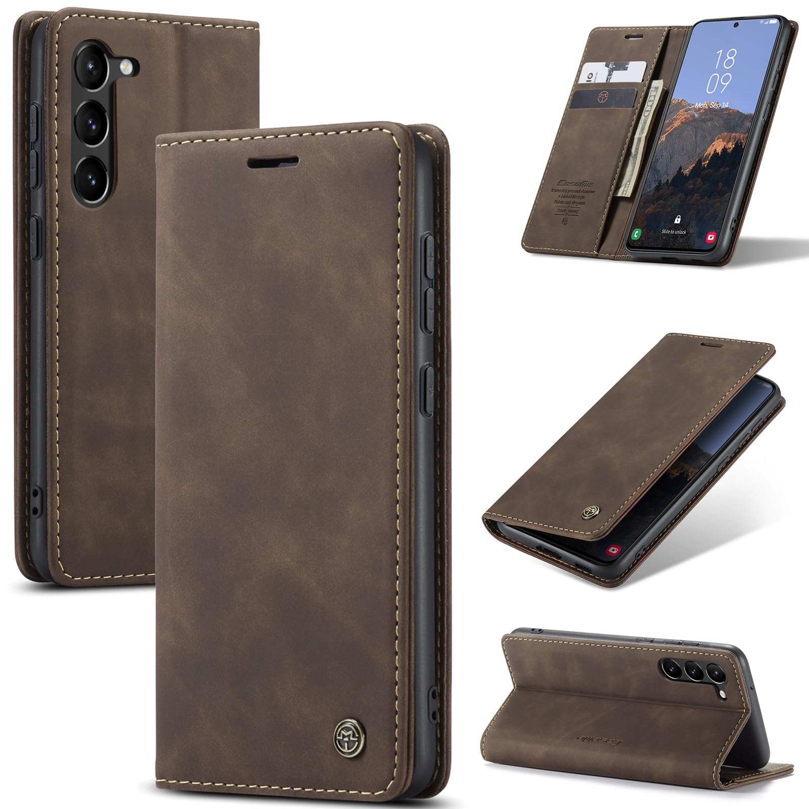 Azororo Cover per Samsung Galaxy S23 5G, Premium PU Pelle Custodia, Magnetica Carta Fessura Portafoglio Case, Flip Cavalletto Custodia per Samsung Galaxy S23 - Caffè