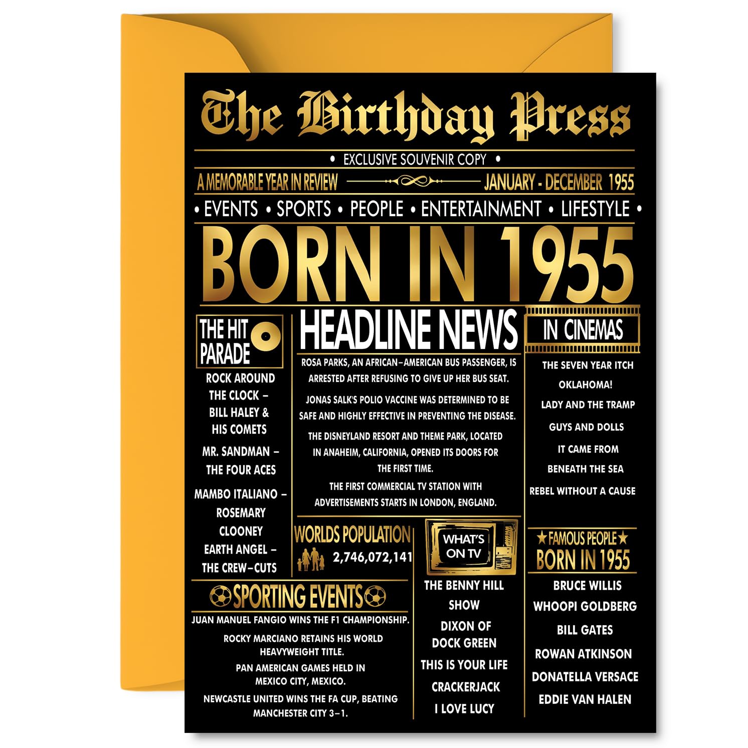 Gold 71st Birthday Card for Men Women - Black & Golden Newspaper Born in 1955 - Happy 71 Birthday Cards for Husband Grandma Grandad Uncle Sister Cousin, 5x7 Inch Bday Greeting Cards