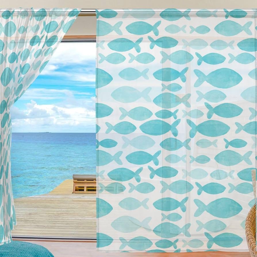 Amazon｜レースカーテン 魚柄 かわいい 青い カーテン ミラー