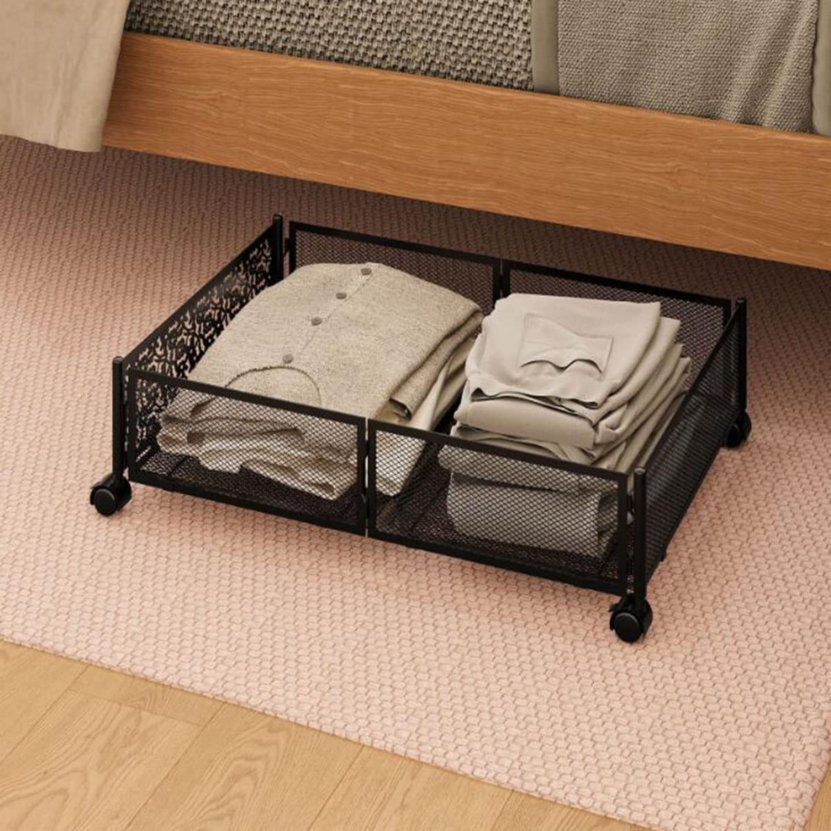 Rangement De Vêtements, Pliable en Fer Forgé sous Le Lit, Organiseur De Conteneurs De Rangement De Chaussures avec Roues, Montage Facile pour Ranger Vêtements, Literie Et Chaussures