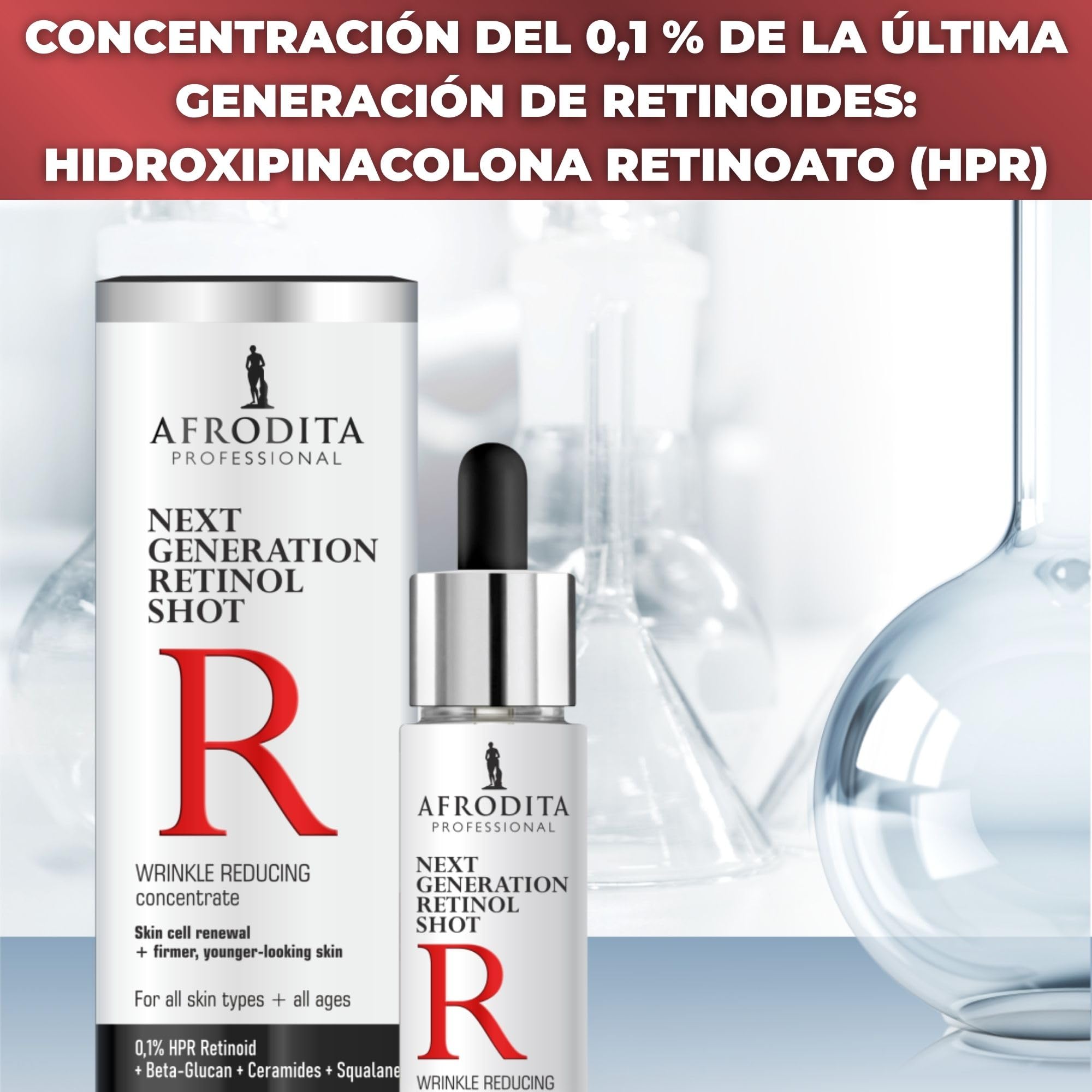 Afrodita Professional Next Generation Retinol Shot Serum Facial 0,1% HPR Retinoid Anti-Arrugas Sérum contra líneas Poros y manchas pigmentadas con Ceramidas Beta-glucano Escualano sin perfume 30 ml