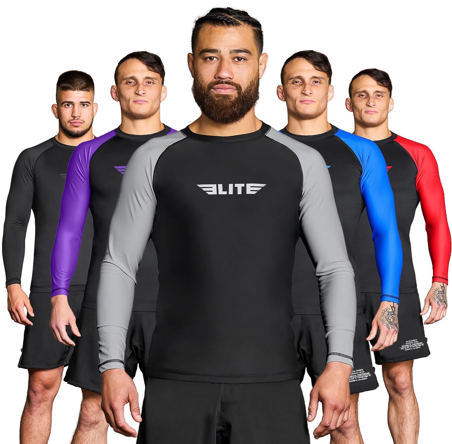 Elite Sports Men's Jiu Jitsu BJJ Rash Guard, Long Full Sleeve Compression Shirt for Sports Nogi Training, IBJJF Rank Color