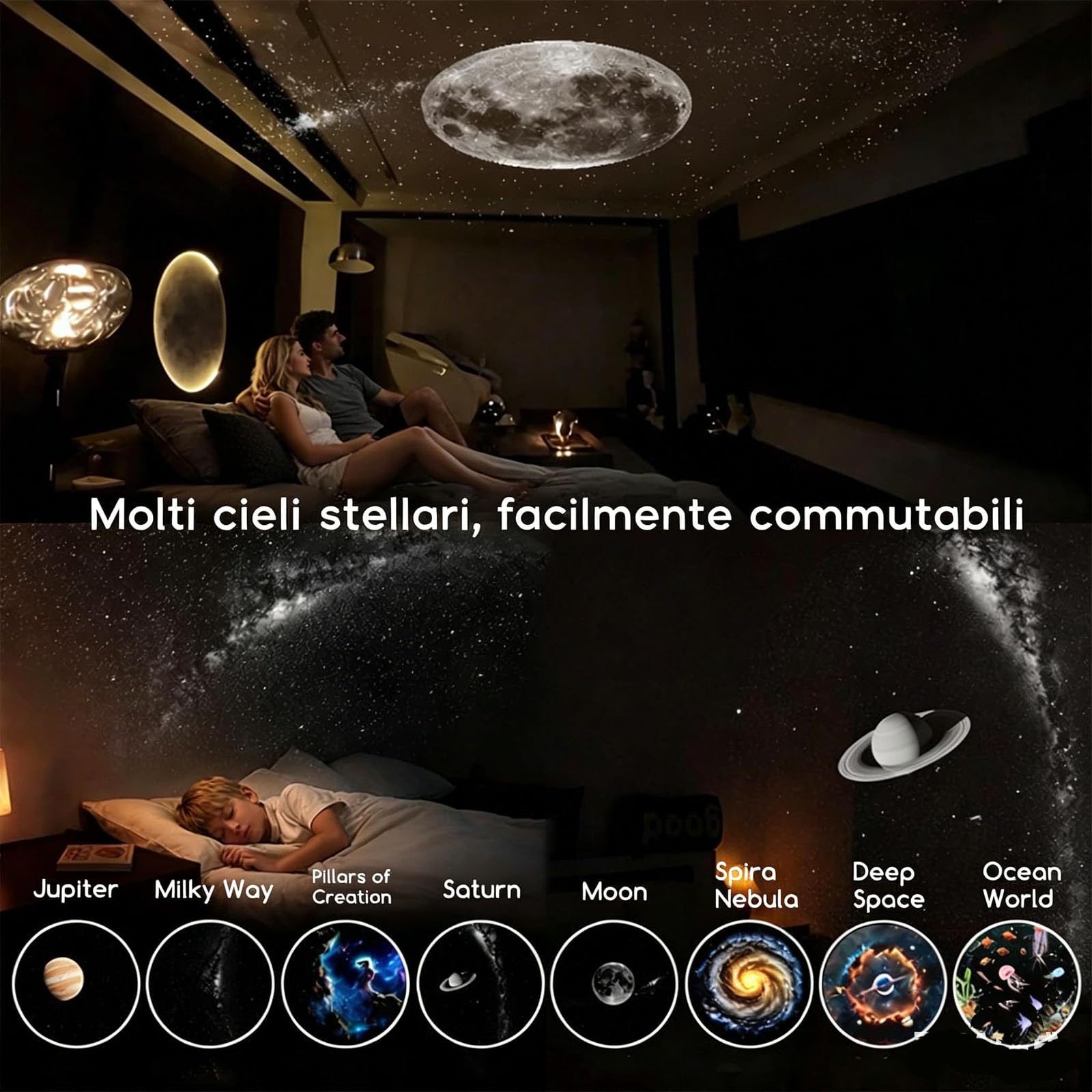 Adius Proiettore di Luce Notturna 2 in 1, Proiettore Portatile Multifunzionale per Cielo Stellato, Rotazione a 360°, Luminosità Regolabile, per Auto, Camera da Letto, Decorazione (24pcs)