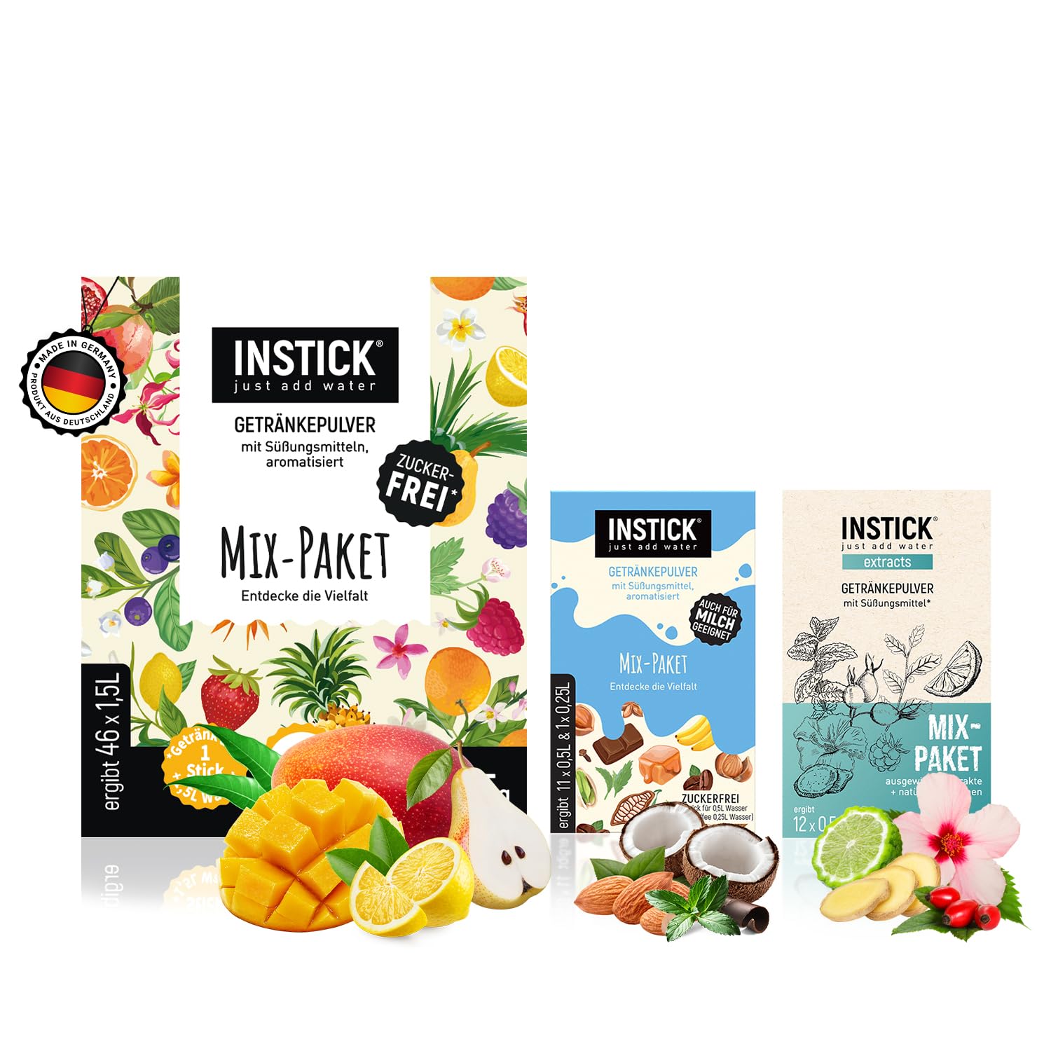 Instick – Boisson instantanée sans sucre (pack économique toutes les variétés), poudre végétalienne, faible en calories et vitamine C, poudre instantanée, 2 x 12 bâtonnets et 1 x 46 bâtons, 1 bâton