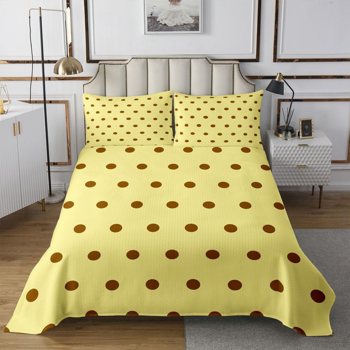Castle Fairy Brown Polka Dot Quilt Sets King Size,Cartoon Circle Dot Bedspread Coverlet 3Pcs for Teens Women Adults Room Decor,Watercolor Dots Bedding QuiltsBeauty Vintage Coverlet Sets,2 Pillowcases