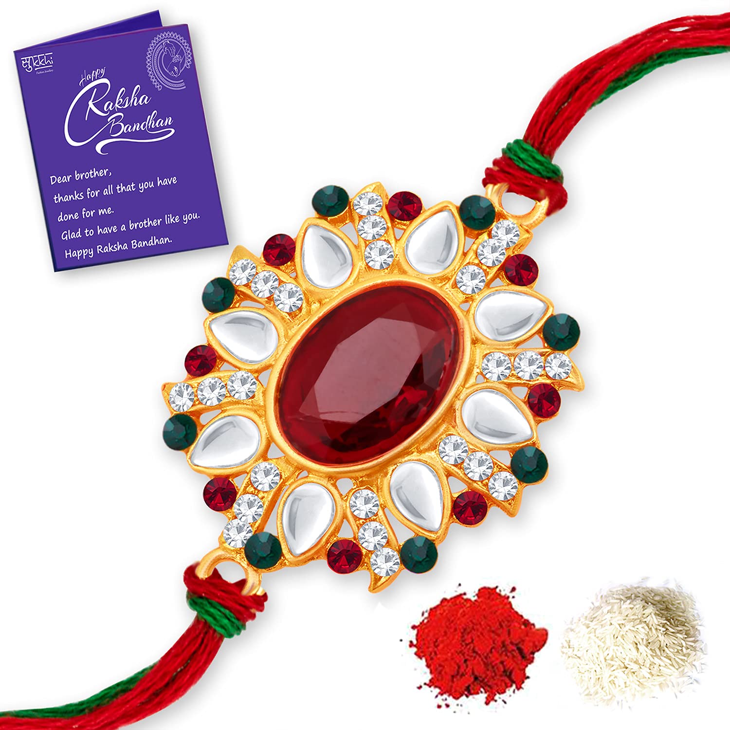 Sukkhi Rakhi Splendid Kundan Designer Gold Plated Premium Rakhi for Brother With Roli Chawal & Greeting Card | Rakhi for Bhaiya | Rakhi for MEN | Kundan Rakhi | (RAK100034) (B09413MSCG) Amazon Price History, Amazon Price Tracker