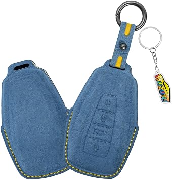 Suede Leather Car Key Fob Cover Case Compatible With Geely Geometry C Monjar 2026 Coolray EX7 Emgrand GT Global Kulrey Hawk GX5 GX7 Okavango 2025 Durable Keychain Key Fob Holder 4 Buttons-Blue