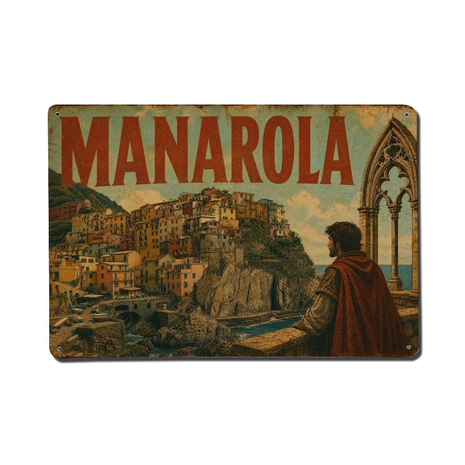 Vintage Travel Manarola Mediterranean Charm Coastal Metal Tin Sign
