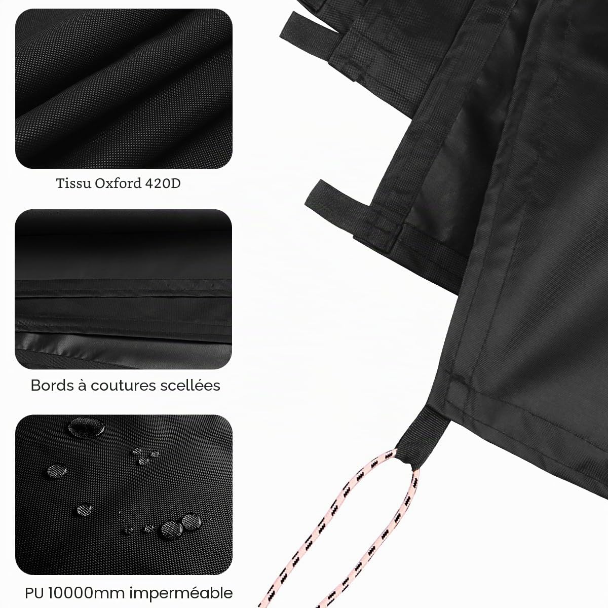 Bâche imperméable d'extérieur - Noir - 1,5 x 2 m - Tissu Oxford 420D léger avec boucles renforcées - Résistante à la déchirure - Protection UV pour camping, randonnée, abri