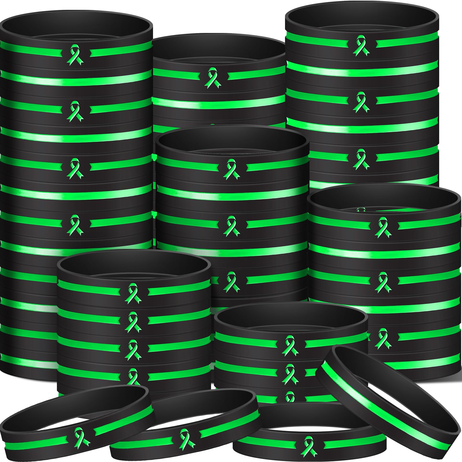 Hiboom 100 Pcs Mental Health Awareness Silicone Bracelets Green Ribbon Rubber Bracelets Motivational Bracelet Unisex for Men Women Mental Health Awareness Month Gifts