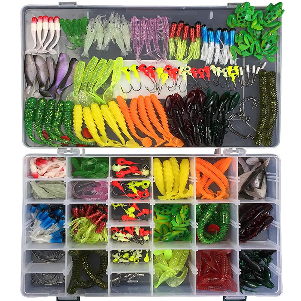 Appâts de pêche, Kits de leurres de pêche en eau de surface, leurre souple combiné avec hameçon à tête plombée, accessoires de pêche, kit d'appâts for la pêche en eau douce et en eau salée, y compris
