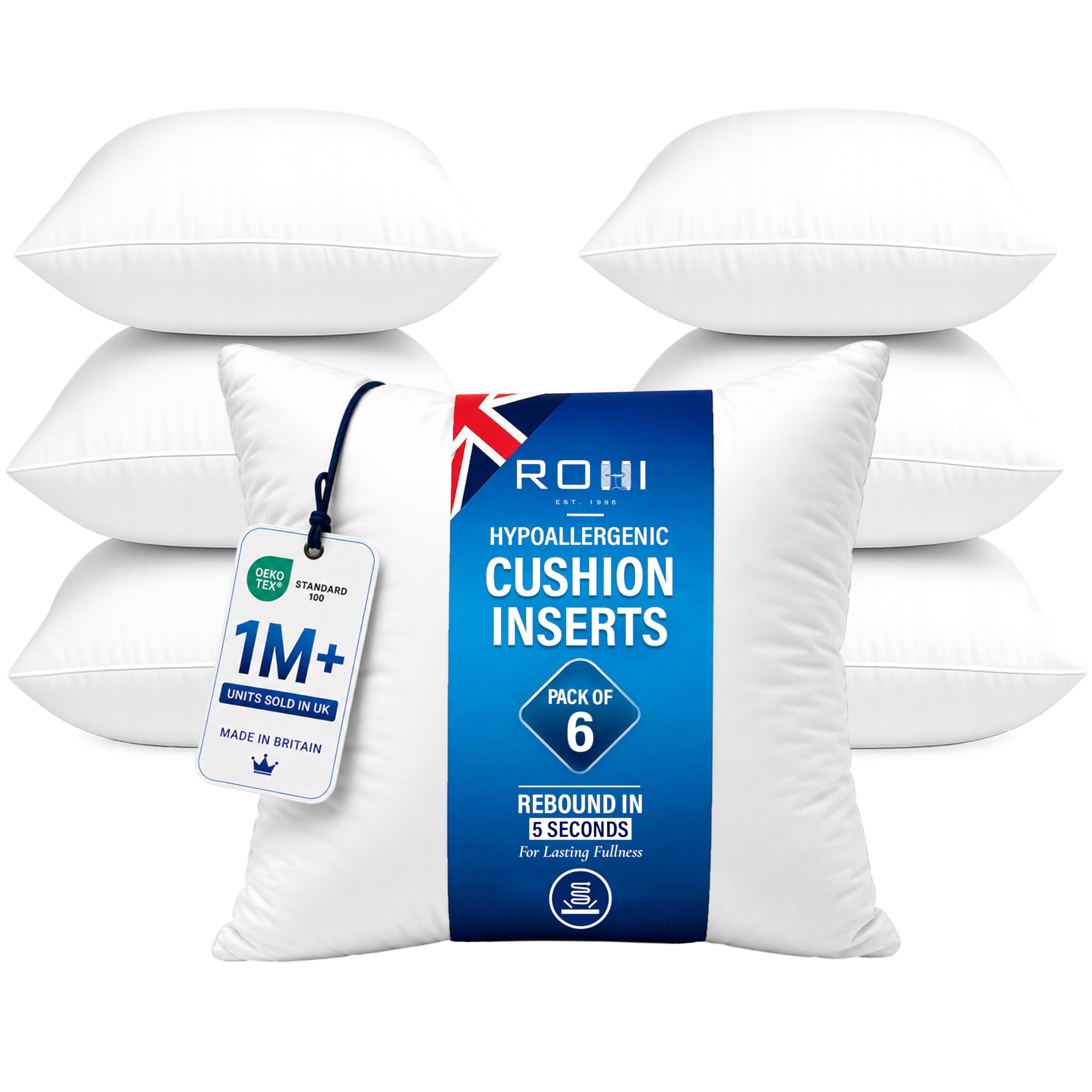 Rohi Set of 6 Hypoallergenic Cushion Inners Pads (Pack of 6) 22" x 22" (55cm x 55cm) Cushion Inserts Decorative Square Cushion Stuffer for Sofa Couch Cushions โ image 1