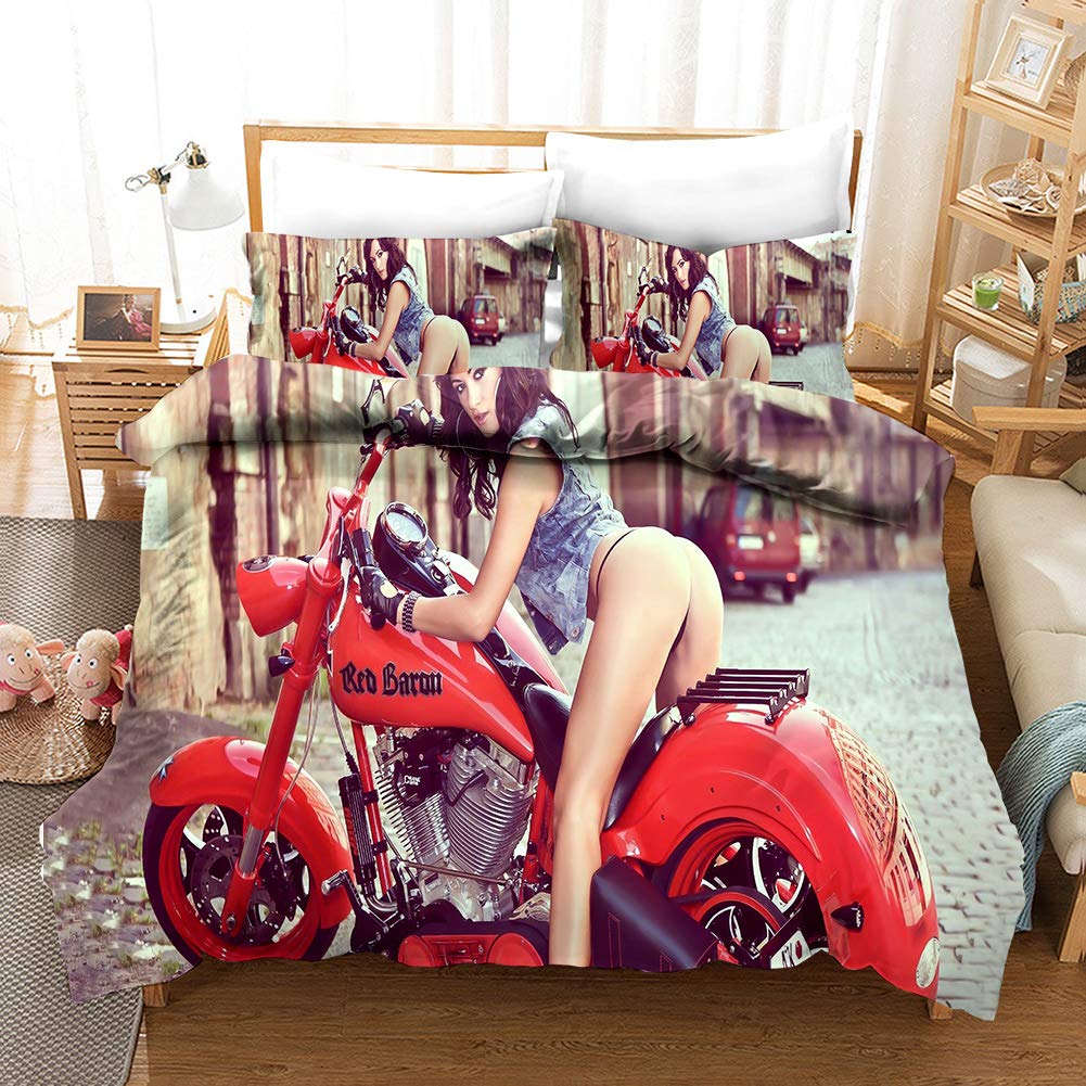 Parure de lit 220x240cm moto rouge housse couette 2 personnes microfibre ado