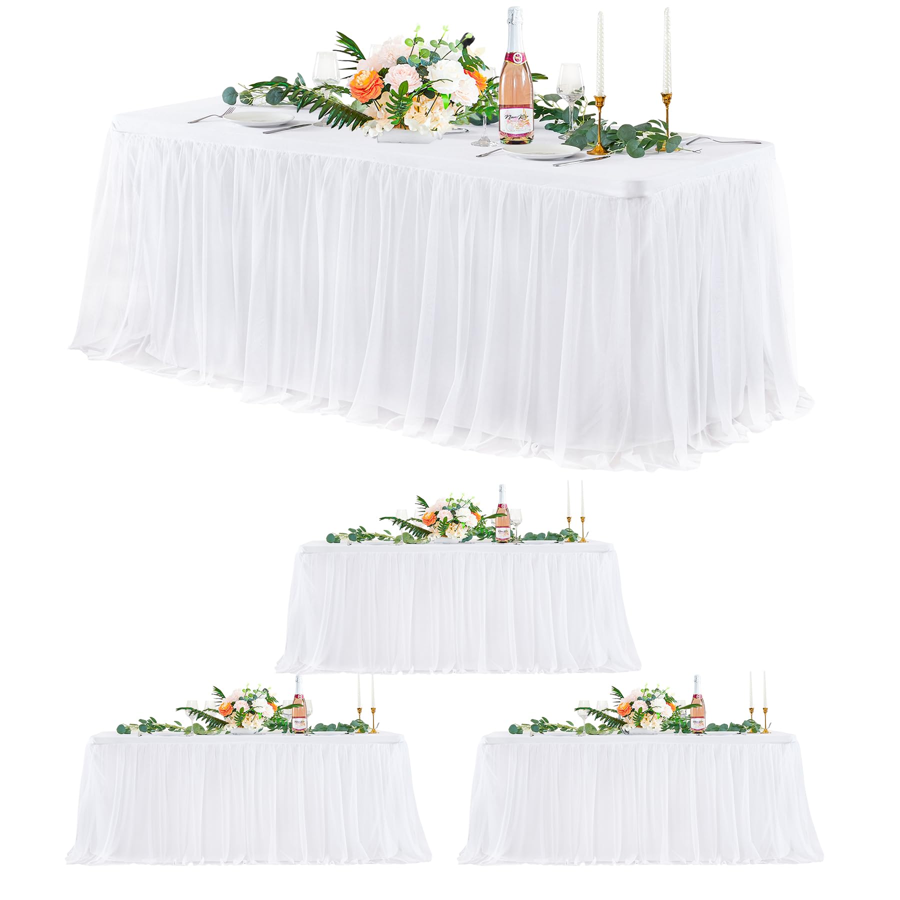 4 Pack White Tulle Tablecloths for 8 Foot Rectangular Tables, 8ft White Tulle Table Skirt, Wrinkle Free Table Cover with Tutu Skirt for Wedding Bridal