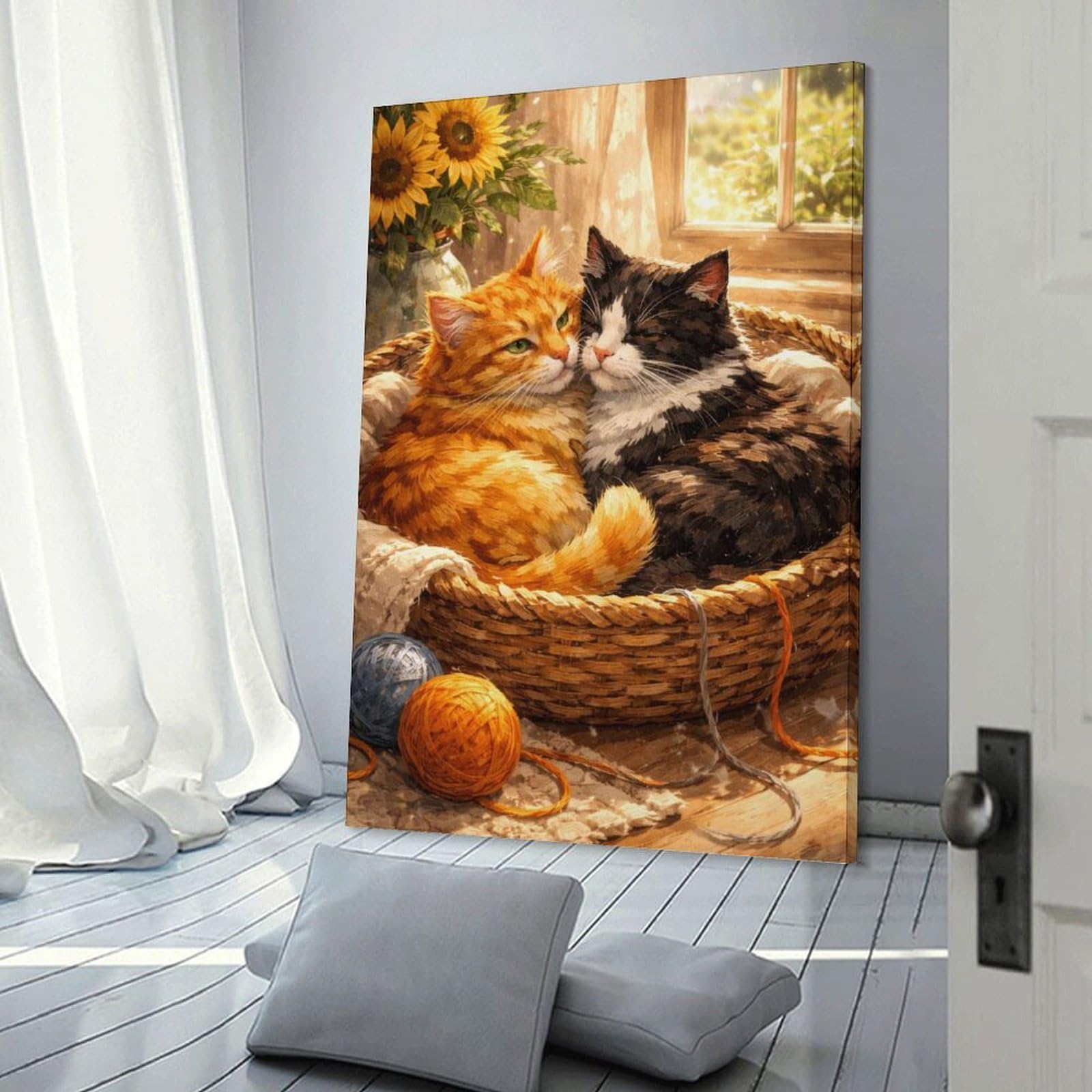 Junmoney Frame-Style-23 Two Cats Cuddled In A Basket Canvas Wall Art 24X36inch(60X90cm), For Office Decor, Home Working Or Creative Rooms, Wall Art That Adds Style To Work Areas