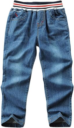 Toddler Kid Boy Elastic Mid Waist Washed Full Length Straight Pants Denim Jeans