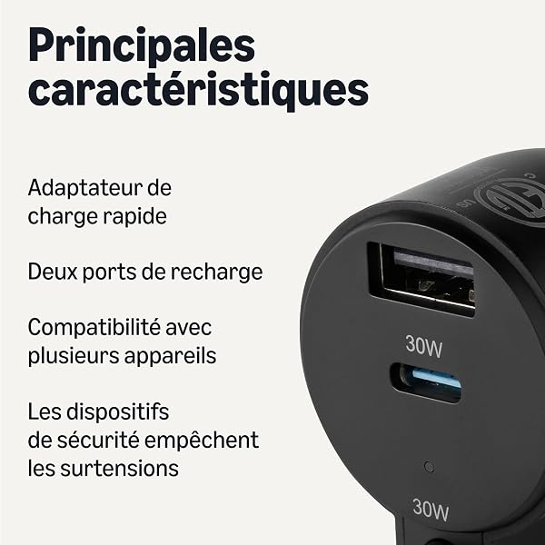 Chargeur de voiture à charge rapide Amazon Basics, 1 port USB-C + 1 port USB-A + 1 câble spiralé USB-C intégré, 60 W, noir - 2