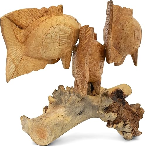 Miniatura 5 de G6 Collection Estatua de natación de madera tallada a mano con 3 peces, escultura artística, decoración rústica, decoración para el hogar, regalo