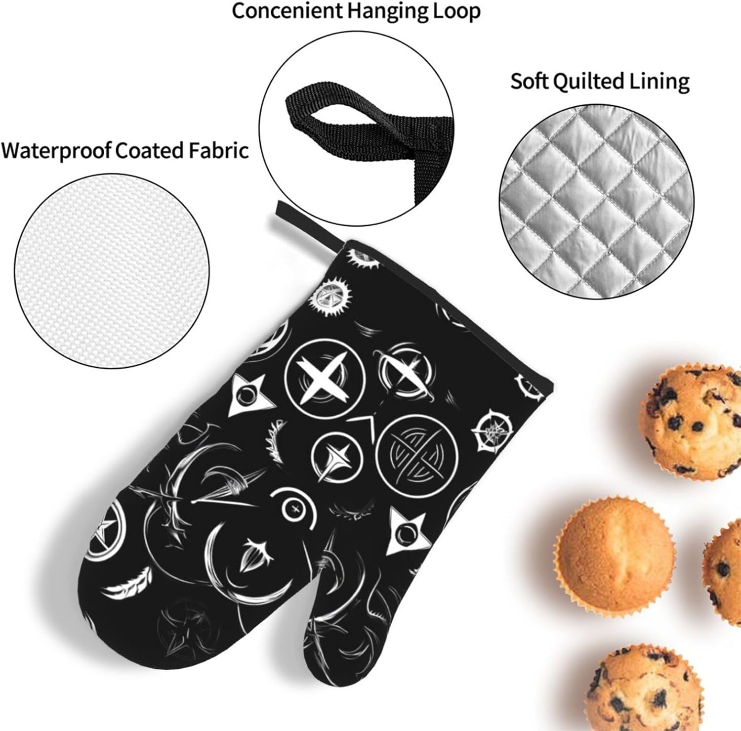 Supernatural Symbols Black Print Heat Resistant Microwave Gloves, Used for Baking, Cooking, and Fashion Kitchen Essentials