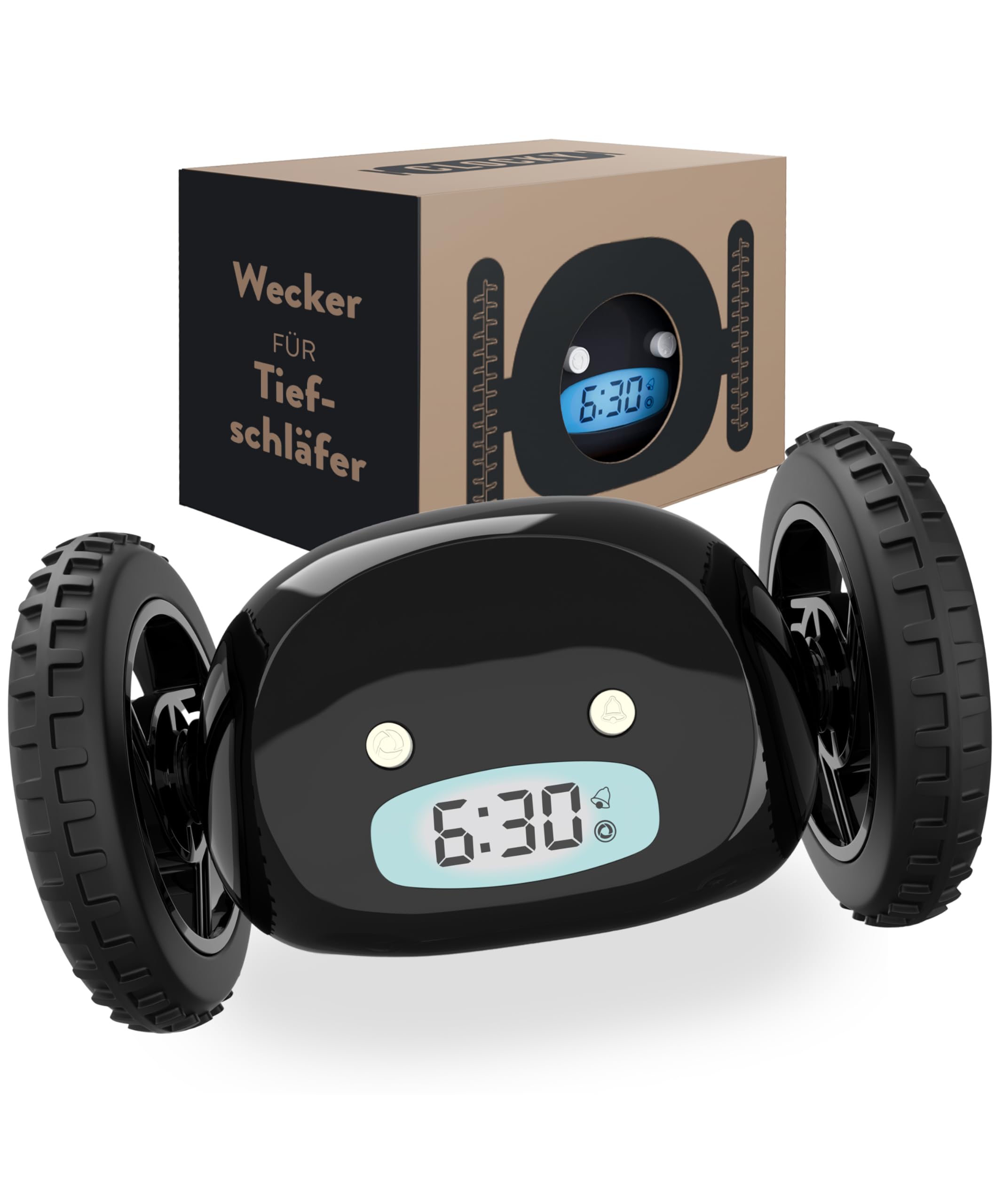 CLOCKY Lauter Digital Wecker Laut für tiefschläfer Erwachsene Jugendliche Lustig für schwerhörige schwere Schläfer auf Rädern Weglaufen Fahrender Springen Wegrollen Lustiges Geschenk (Schwarze Räder)