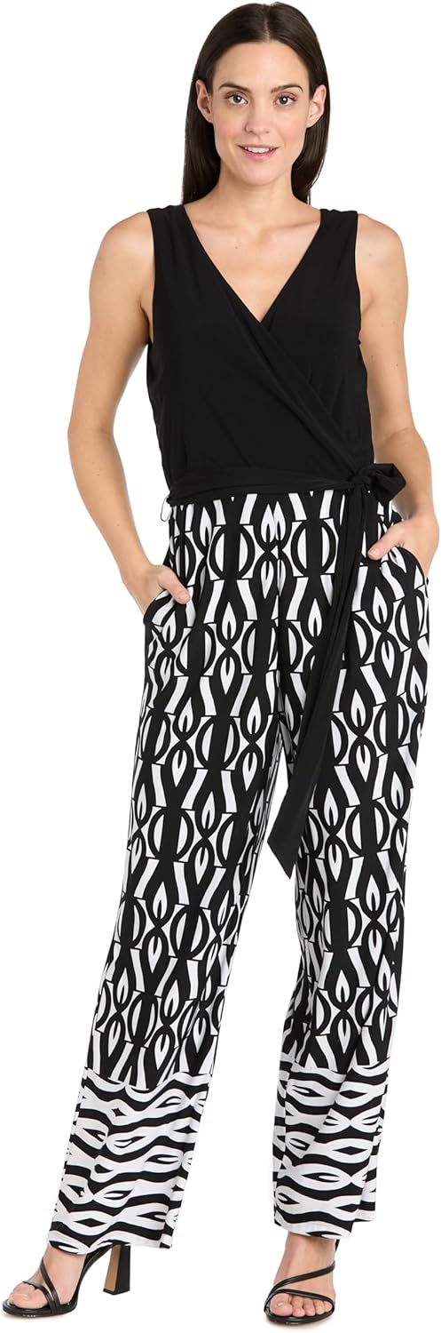 R&M Richards Elegant Sleeveless Wrap Jumpsuit W/Geometric Print & Belted Waist