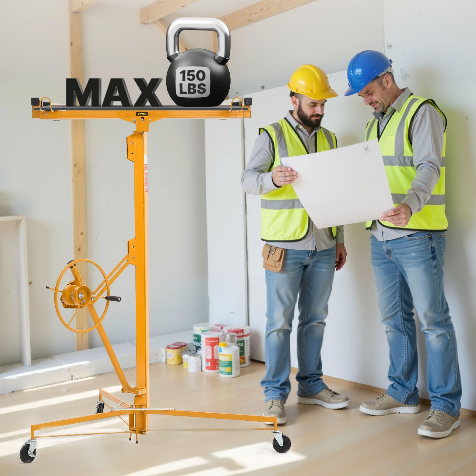 VEVOR 16ft Drywall Lift, Heavy-Duty 150 lbs Sheetrock Hoist with Adjustable Telescoping Arm, Lockable Wheels, Drywall Lifter Panel Jack Hoist Tools Ideal for Ceiling & Wall Installation (Yellow)