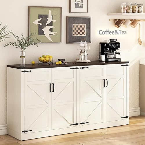 Sideboard Buffet Cabinet with Storage - 65’’ Large Farmhouse Buffet Table Coffee Bar Cabinets, Modern Accent Cabinet with Adjustable Shelf and 4 Doors, for Kitchen, Dining Room, Living Room, White