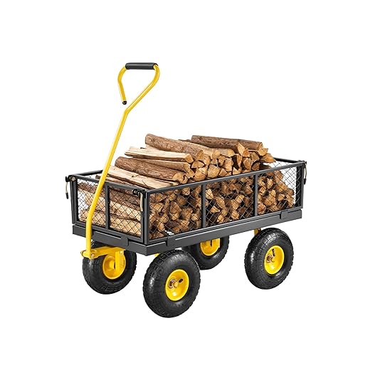 VEVOR 500 Lbs Steel Garden Cart, Heavy Duty Garden Wagon Cart Pullable on Wheels, Metal Yard Utility Wagon Carts with 10" All Terrain Tires, Mesh Removable Sides and 180°Rotating Handle